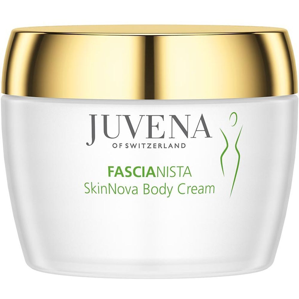 Weißes Cremetiegel mit goldenem Deckel. Aufschrift: Juvena, Fascionista SkinNova Body Cream.