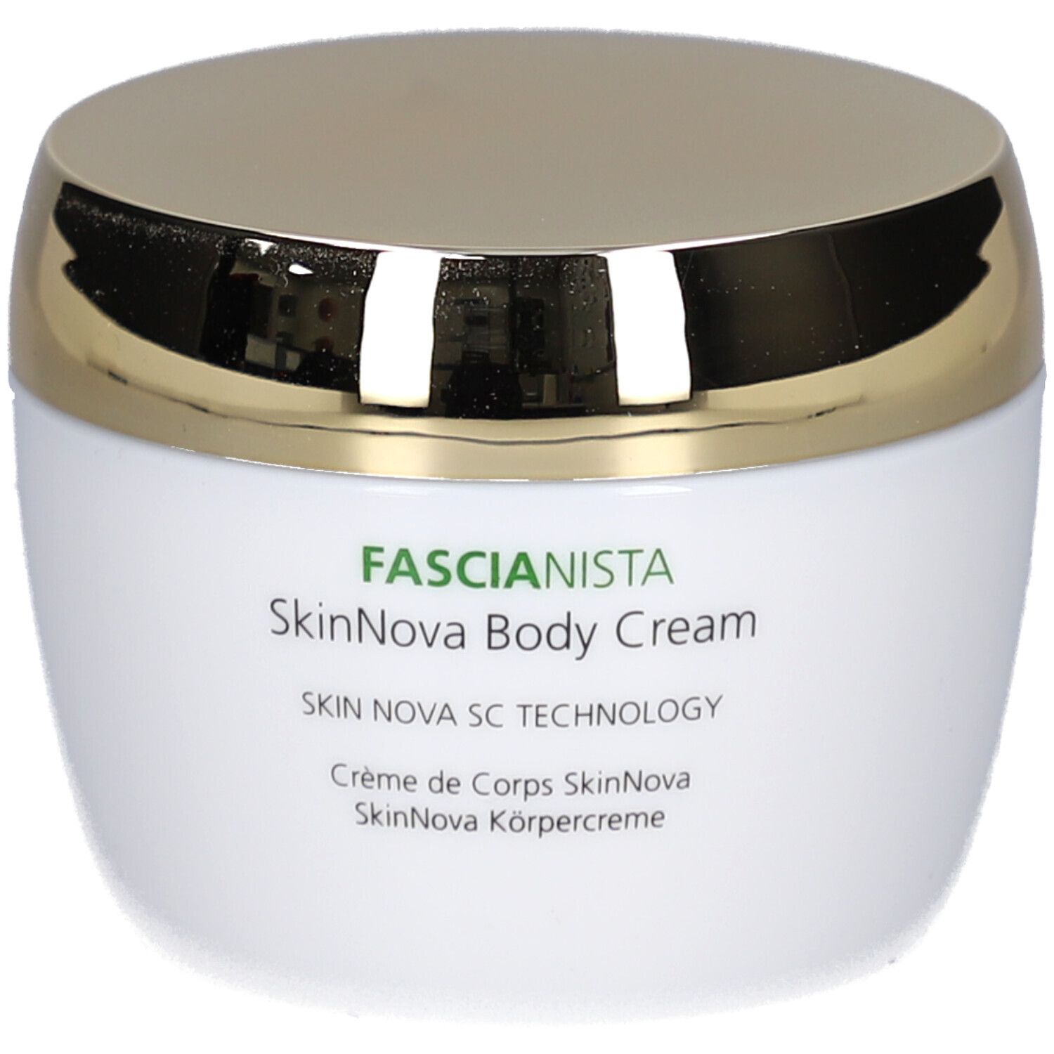 Weißer Tiegel mit goldenem Deckel. Aufschrift: Fascionista SkinNova Body Cream. Grünes Logo.