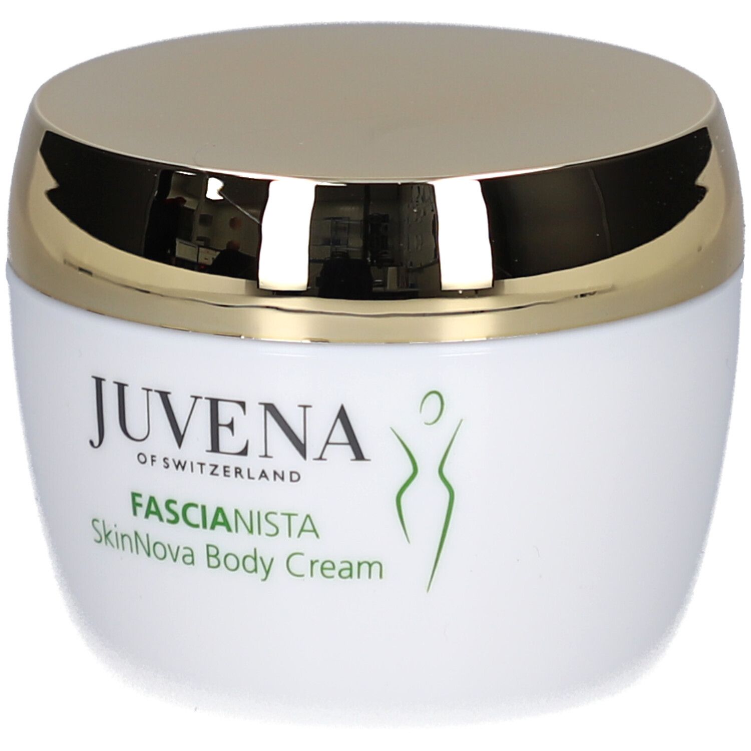 Weißer Tiegel mit goldenem Deckel. Aufschrift: Juvena, Fascionista SkinNova Body Cream. Grünes Logo.