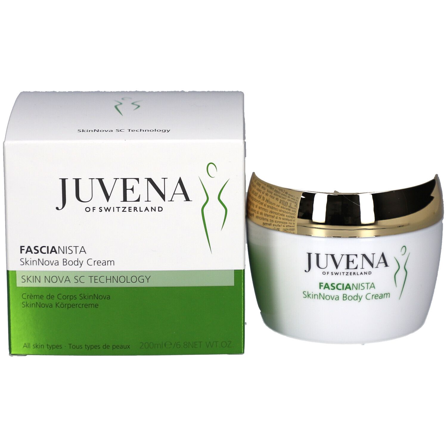 Produktverpackung und Tiegel. Verpackung mit Aufschrift: Juvena, Fascionista SkinNova Body Cream. Grünes Logo.
