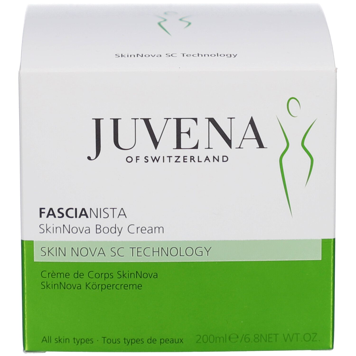 Produktverpackung. Aufschrift: Juvena, Fascionista SkinNova Body Cream. Grünes Logo. 200ml.