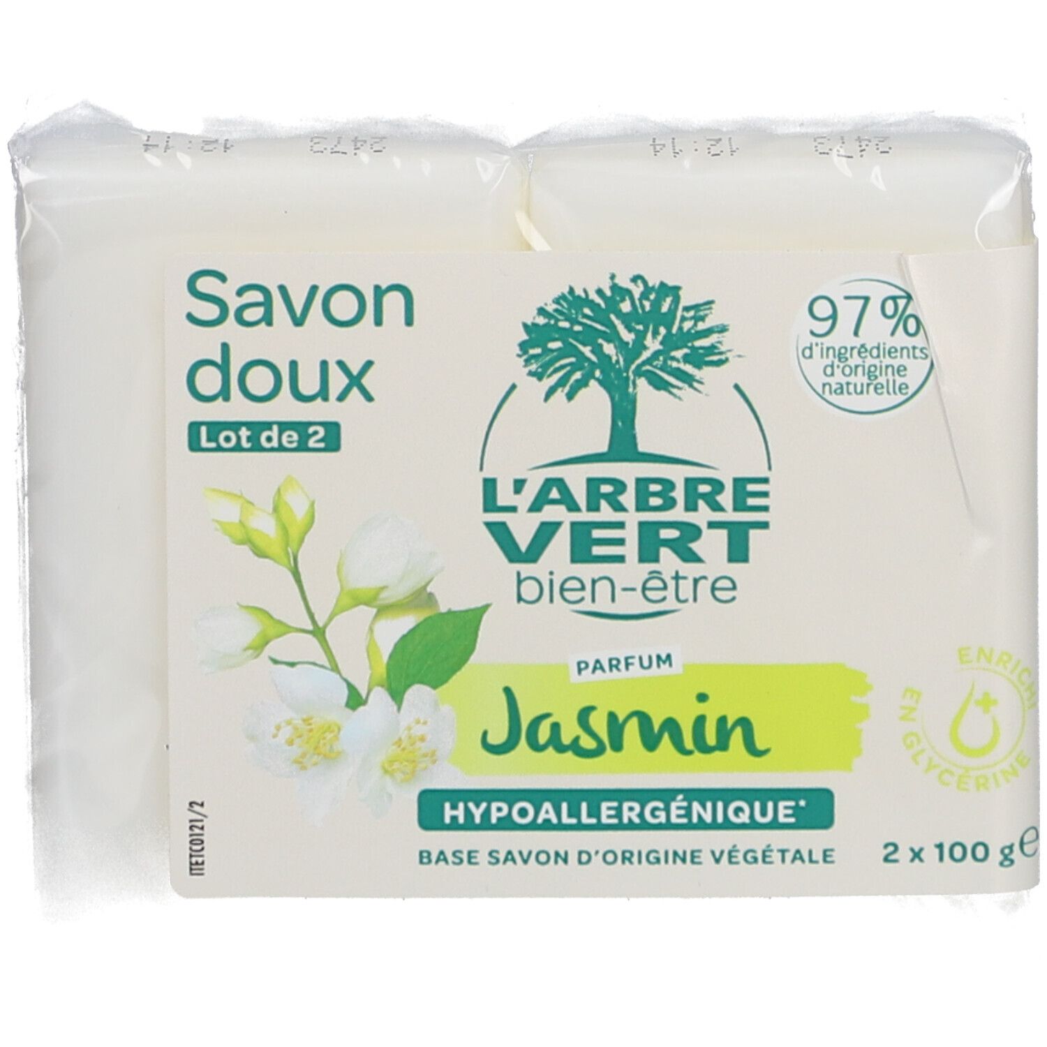 Zwei Seifenstücke in Verpackung. Aufdruck: L'ARBRE VERT, Jasmin, hypoallergen, 97% natürliche Inhaltsstoffe.