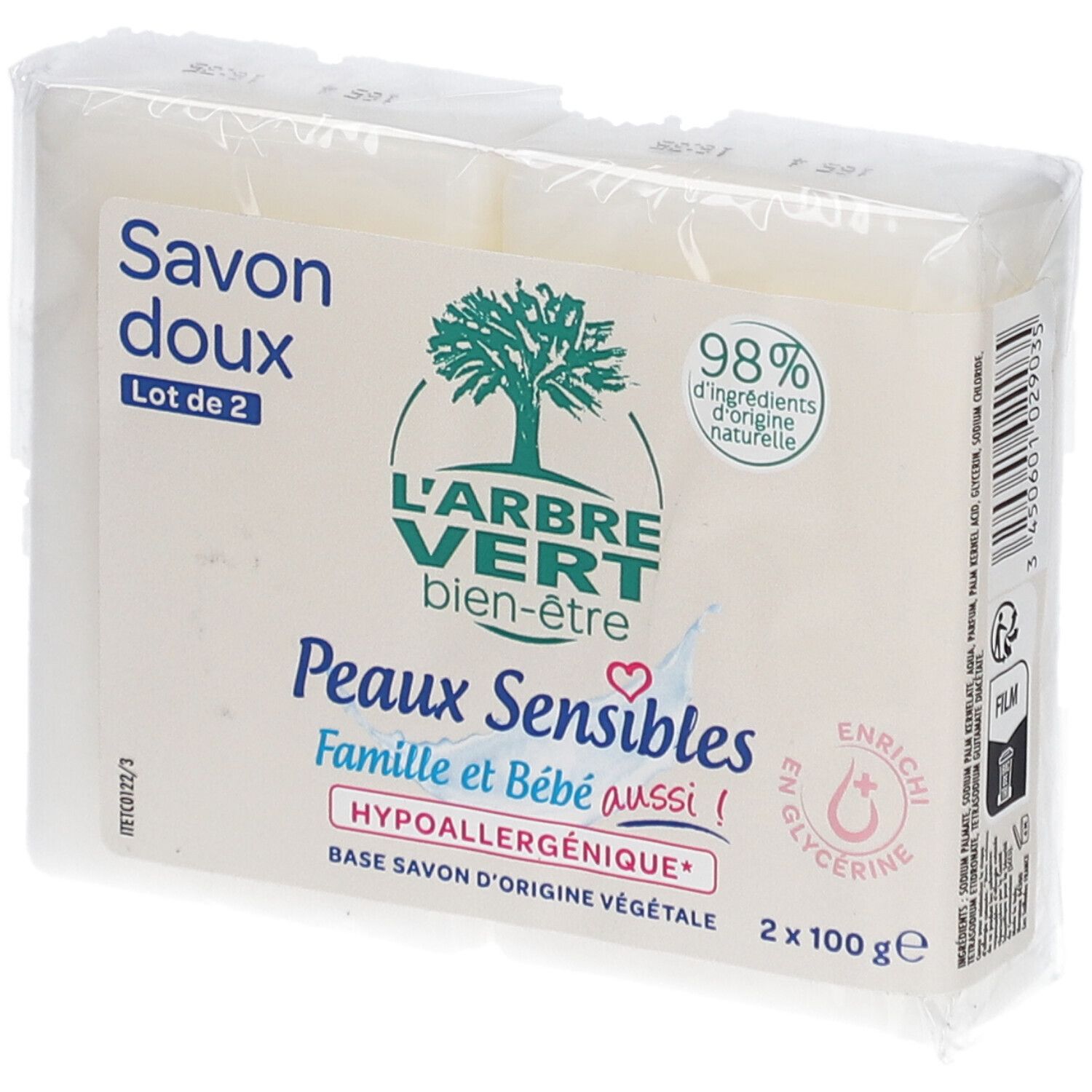Verpackung mit zwei Seifenstücken. Aufschrift: L'ARBRE VERT, Savon doux, Peaux Sensibles, 98% natürliche Inhaltsstoffe, 2 x 100g.
