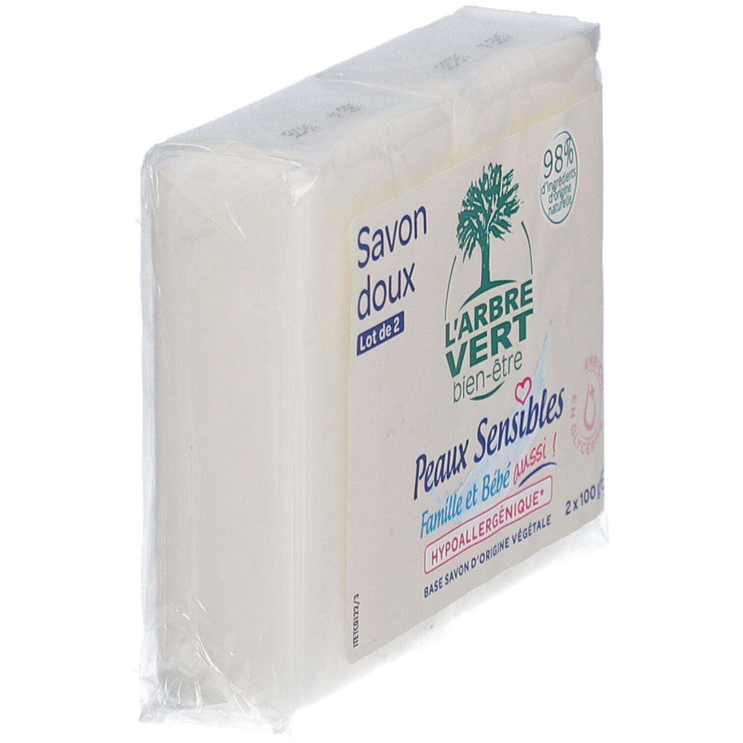 Verpackung mit zwei Seifenstücken. Aufschrift: L'ARBRE VERT, Savon doux, Peaux Sensibles, 98% natürliche Inhaltsstoffe.