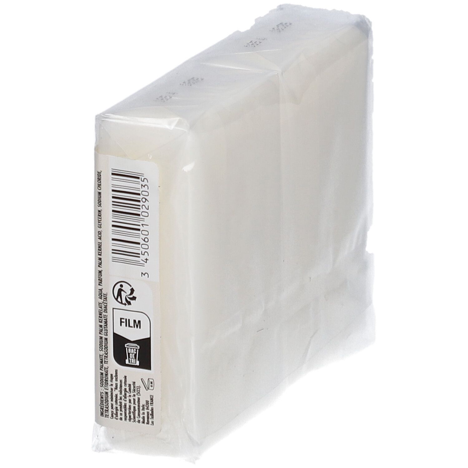 Transparente Verpackung mit Produktinformationen. Aufschrift: Film, Zutatenliste, Recycling-Symbol.