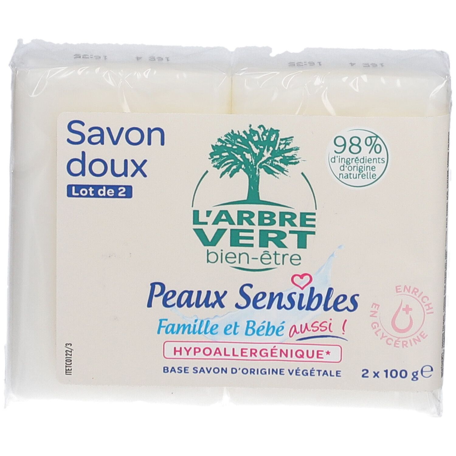 Verpackung mit zwei Seifenstücken. Aufschrift: L'ARBRE VERT, Savon doux, Peaux Sensibles, 98% natürliche Inhaltsstoffe, 2 x 100g.