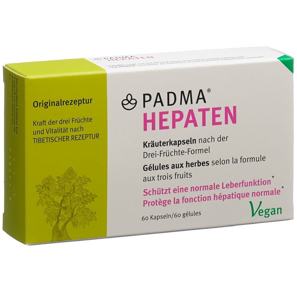 Kapselpackung PADMA HEPATEN. Grün-weiße Schachtel mit Produktnamen und Inhaltsangaben. Vegan-Siegel.
