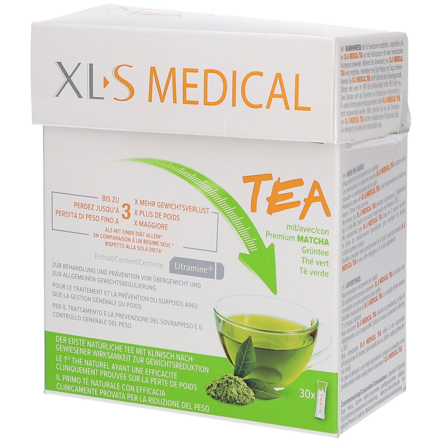 Boîte blanche XLS MEDICAL TEA. Illustration d'une tasse de thé et de poudre de matcha. 30 sachets.