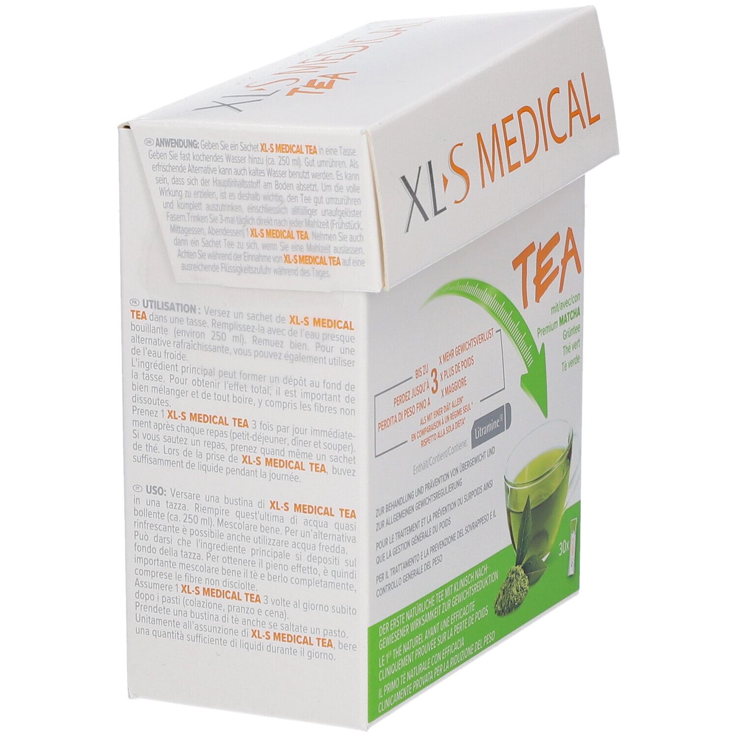 Boîte blanche XLS MEDICAL TEA, partiellement ouverte. Texte en plusieurs langues. 30 sachets.