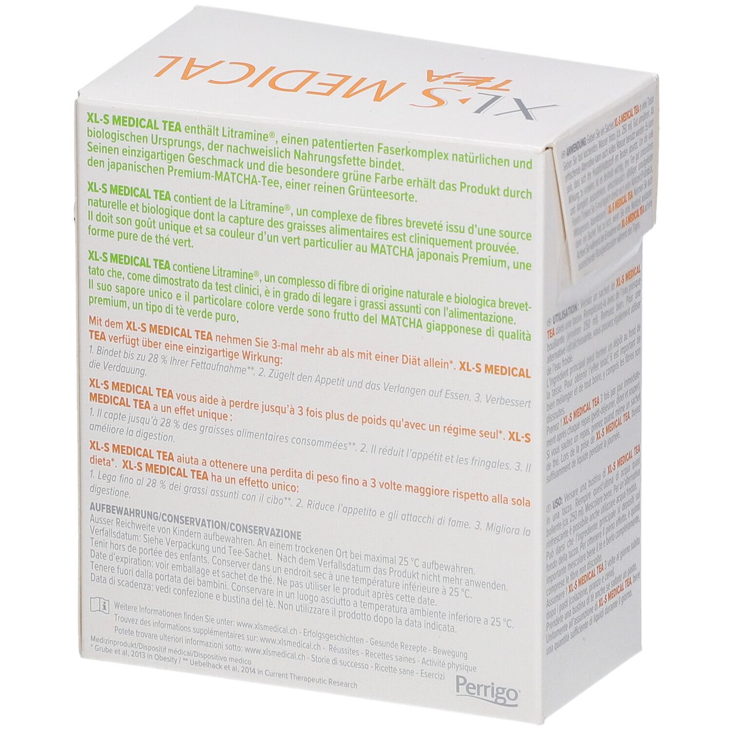 Dos de la boîte blanche XLS MEDICAL TEA. Texte en plusieurs langues. Contient Litramin.