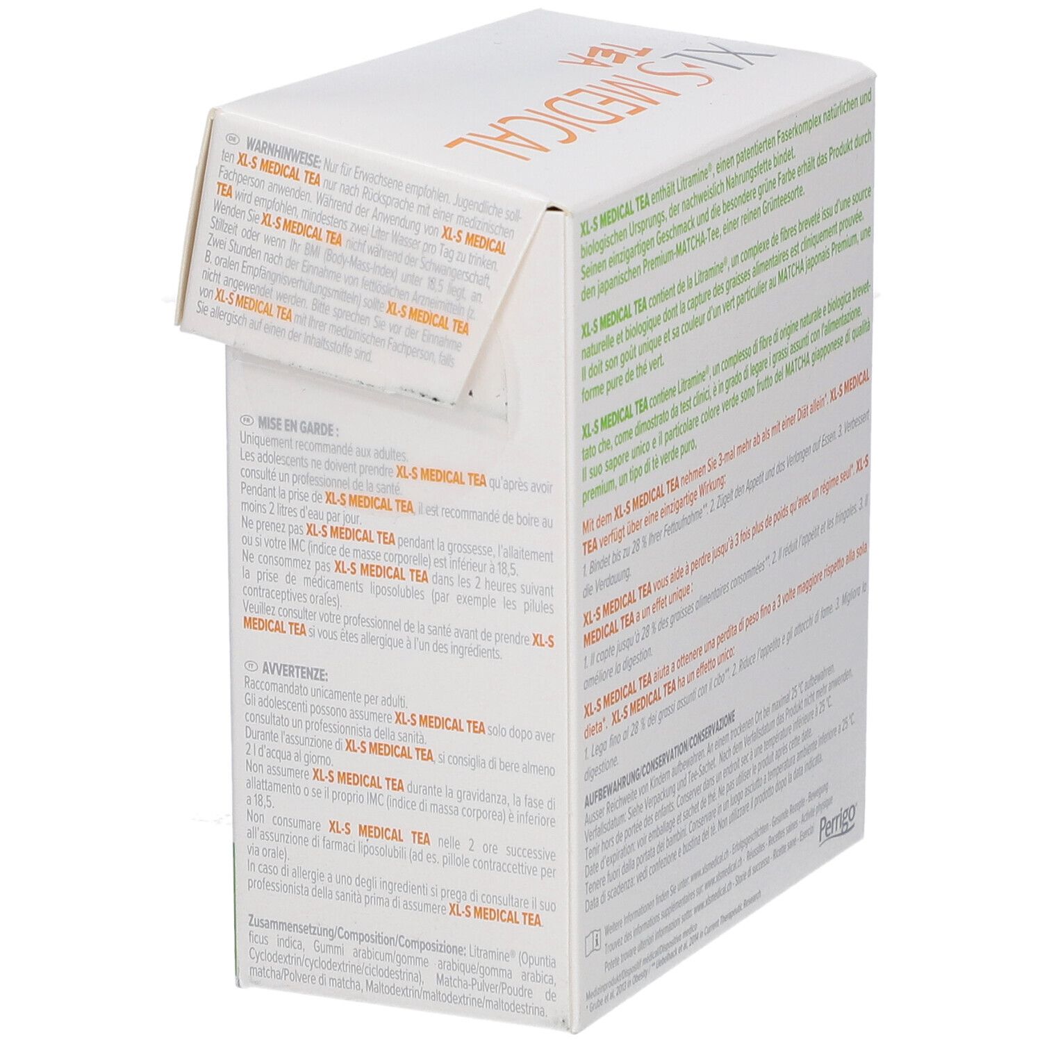 Côté de la boîte blanche XLS MEDICAL TEA. Texte en plusieurs langues. Contient Litramin.