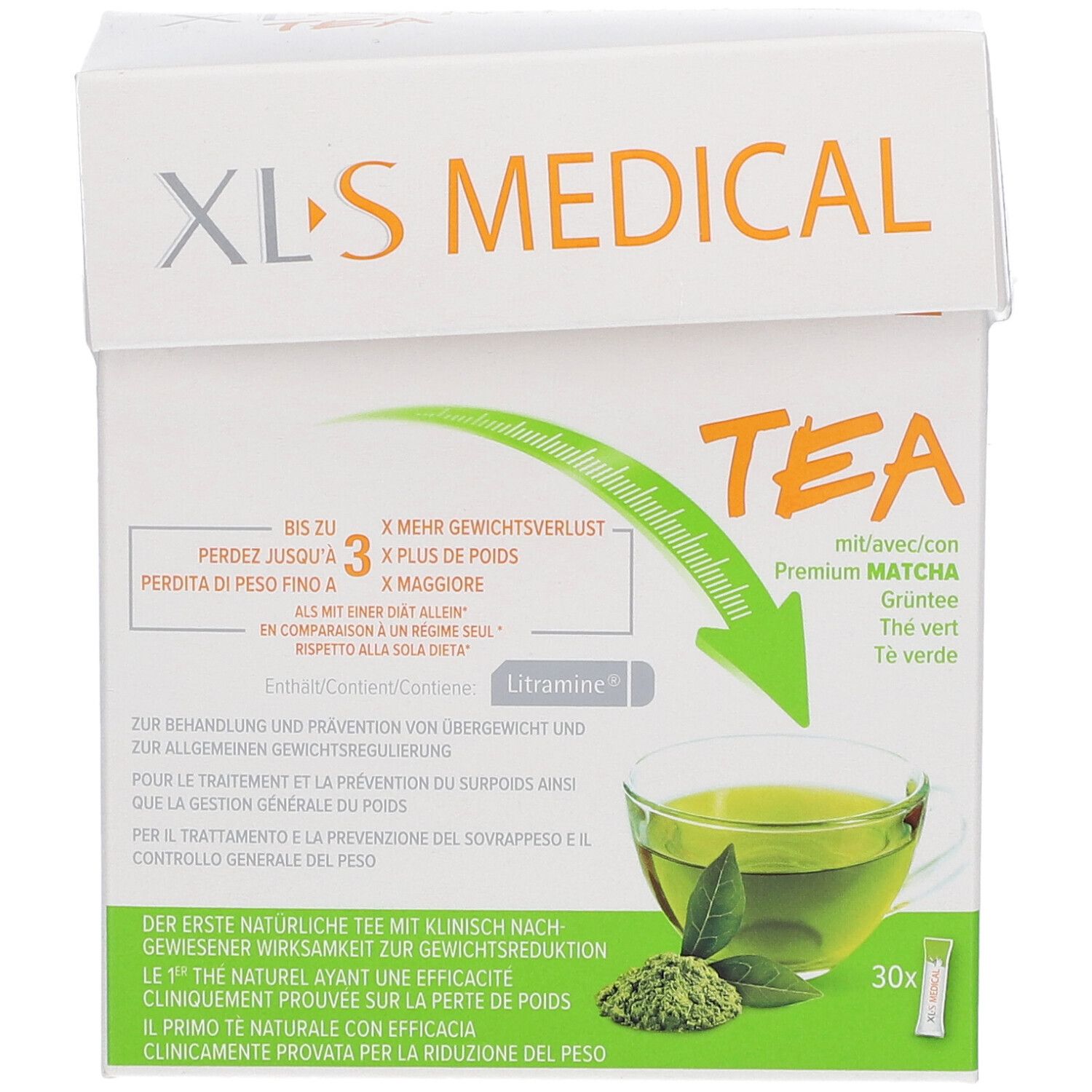 Boîte blanche XLS MEDICAL TEA. Illustration d'une tasse de thé et de poudre de matcha. 30 sachets.
