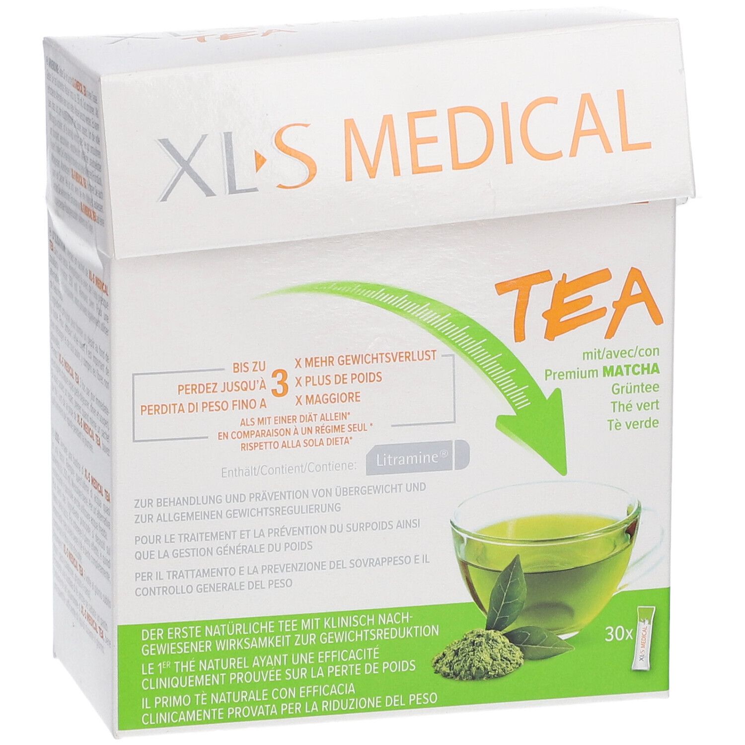 Boîte blanche XLS MEDICAL TEA. Illustration d'une tasse de thé et de poudre de matcha. 30 sachets.