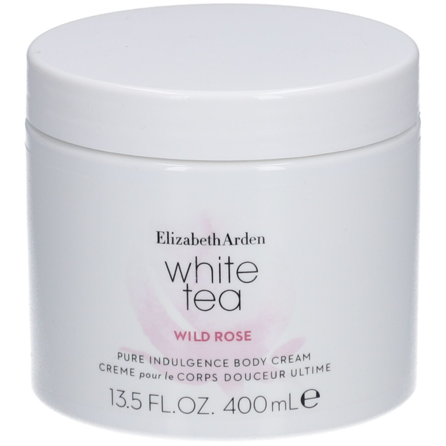 Weißer Tiegel mit Deckel. Aufschrift: Elizabeth Arden White Tea Wild Rose Pure Indulgence Body Cream. 13.5 FL.OZ. 400ml.