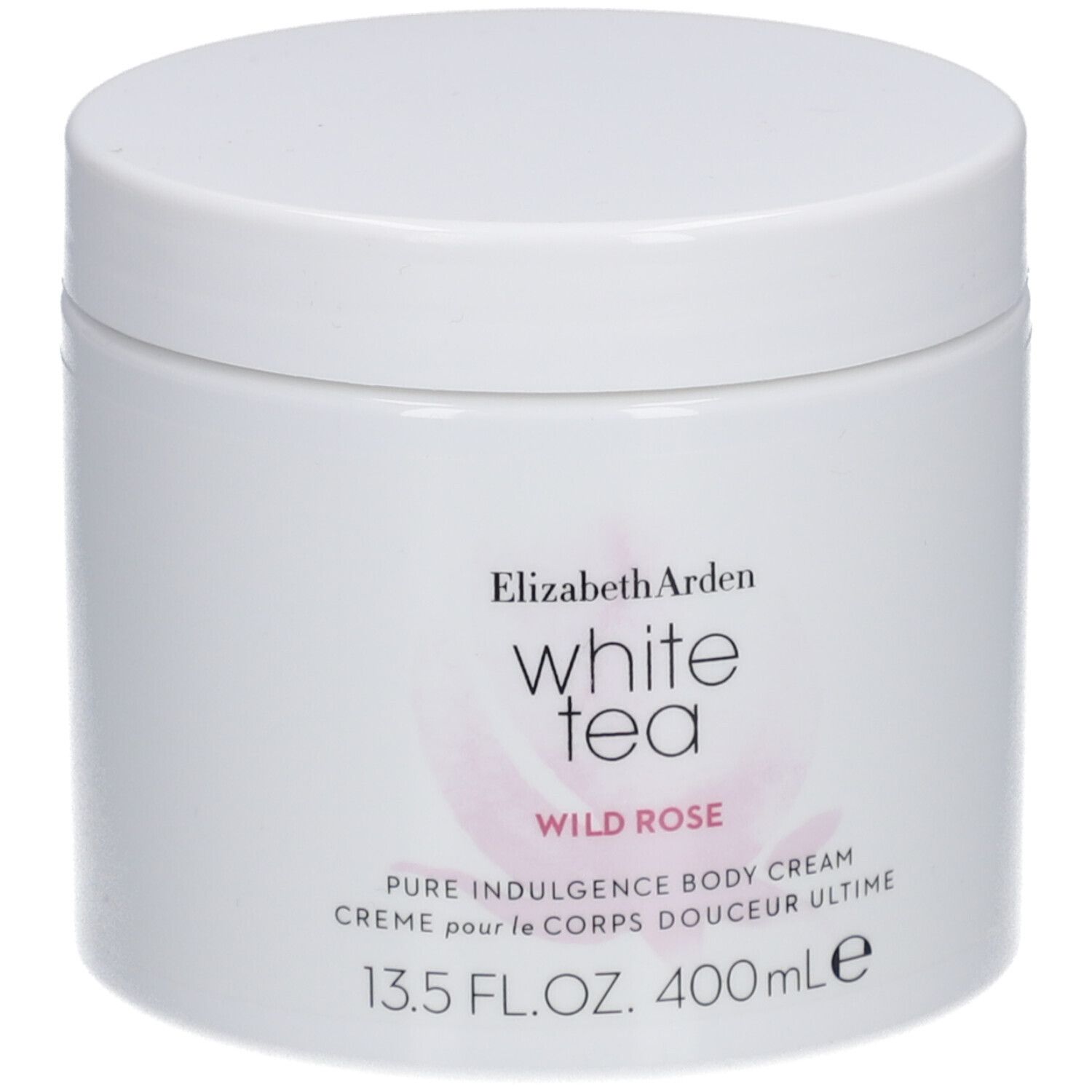 Weißer Tiegel mit Deckel. Aufschrift: Elizabeth Arden White Tea Wild Rose Pure Indulgence Body Cream. 13.5 FL.OZ. 400ml.
