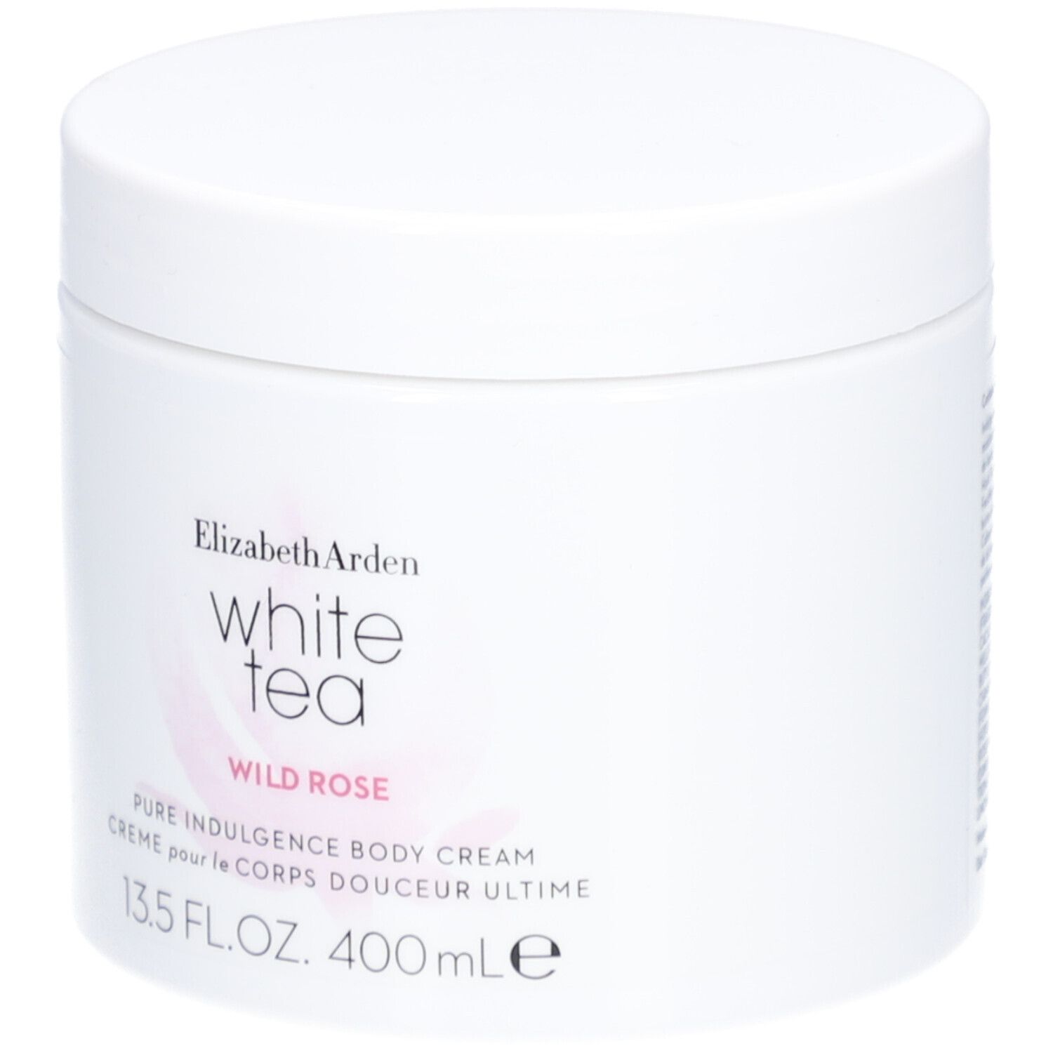 Weißer Tiegel mit Deckel. Aufschrift: Elizabeth Arden White Tea Wild Rose Pure Indulgence Body Cream. 13.5 FL.OZ. 400ml.