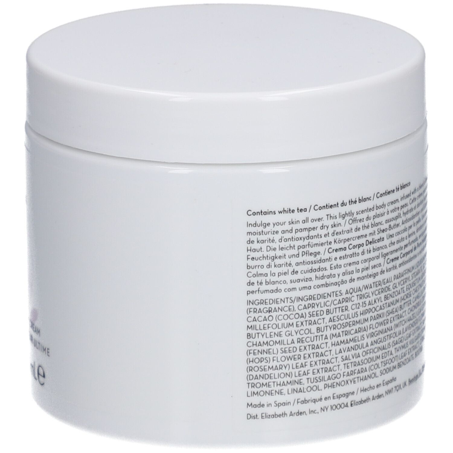 Weißer Tiegel, Rückseite mit Text. Enthält weißen Tee. Inhaltsstoffe und Produktbeschreibung.