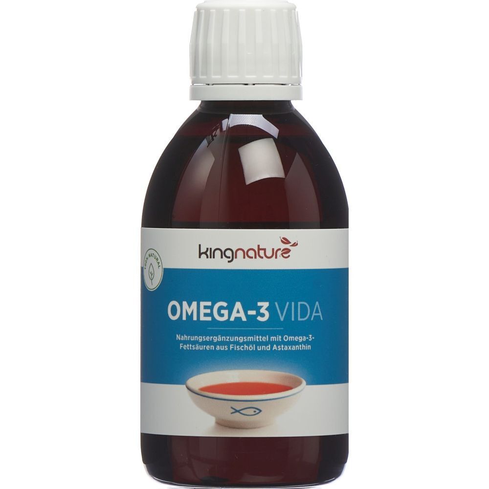 Braune Flüssigkeit in einer Flasche mit weißem Deckel. Aufschrift: kingnature, OMEGA-3 VIDA. Abbildung einer Schale mit Flüssigkeit.