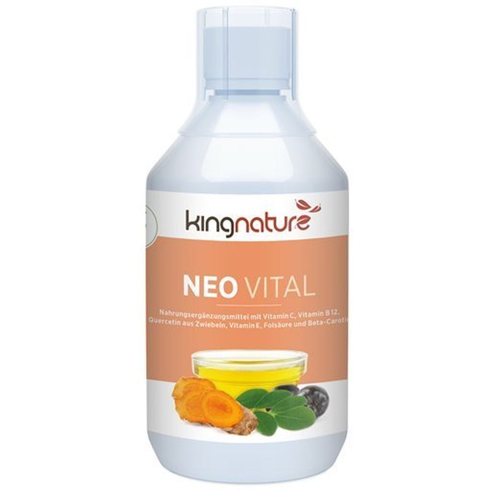 Flasche mit Etikett. Aufschrift: kingnature NEO VITAL. Enthält Vitamin C, B12, Quercetin, Vitamin E, Folsäure und Beta-Carotin. Abbildung von Zutaten.