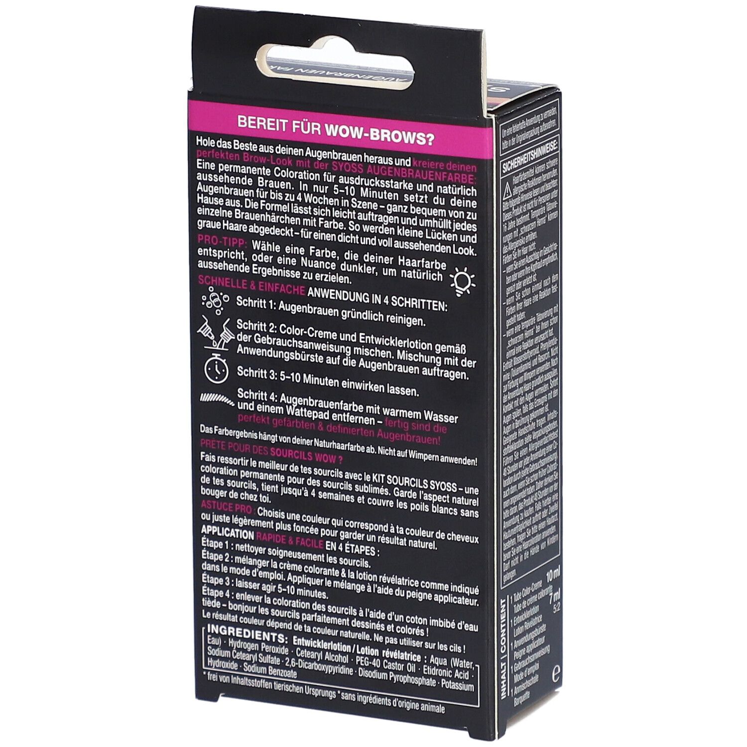 Rückseite der SYOSS Augenbrauen Farbe Verpackung. Text in Deutsch, Informationen zur Anwendung und Inhaltsstoffe.