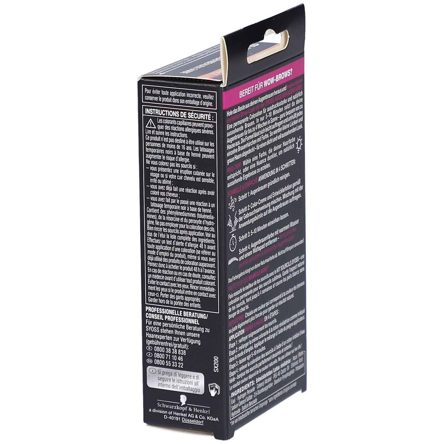 Seitenansicht der SYOSS Augenbrauen Farbe Verpackung. Text in Deutsch, Informationen zur Anwendung und Sicherheit.