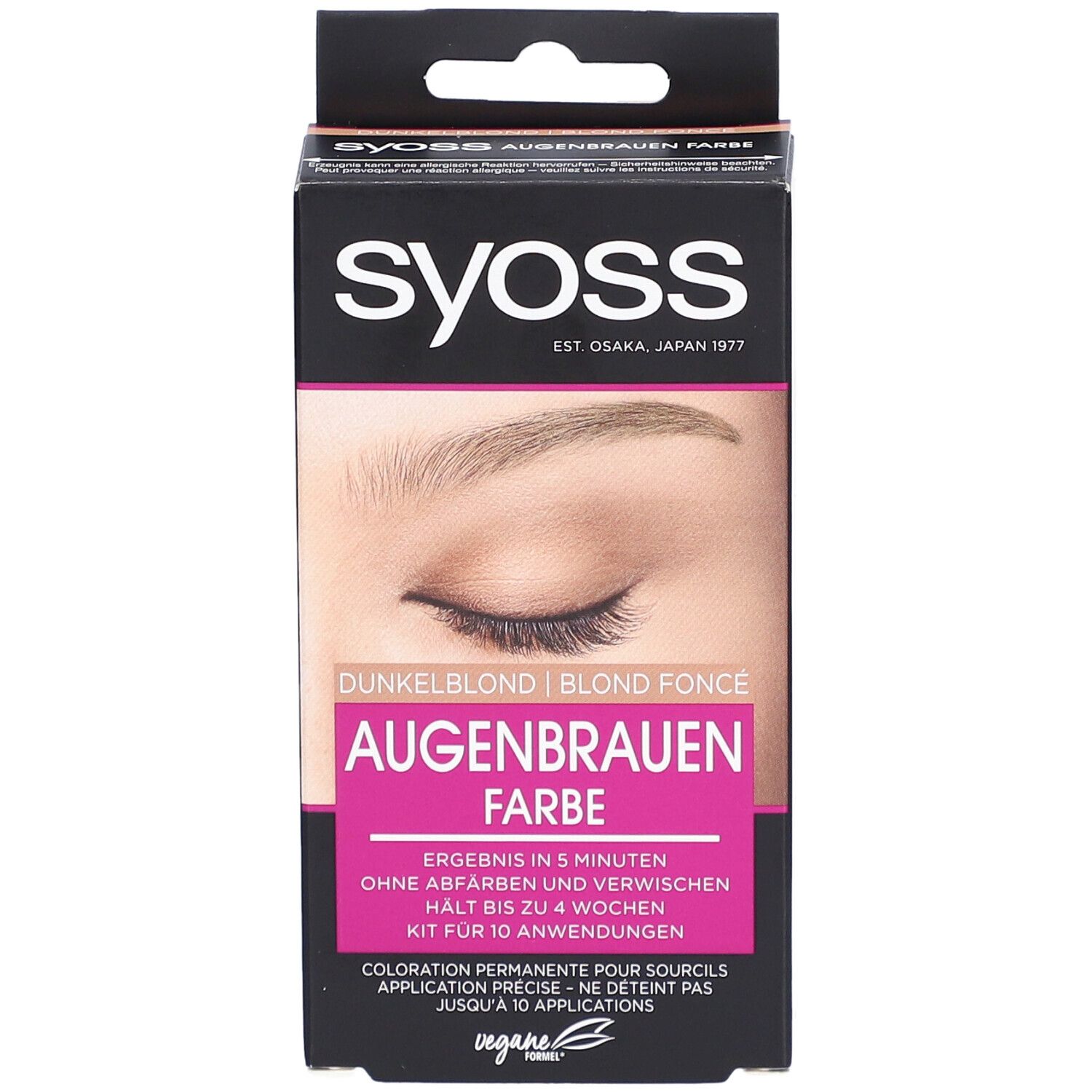 SYOSS Augenbrauen Farbe, dunkelblond. Schwarze Verpackung mit Produktabbildung und Text. Vegan.