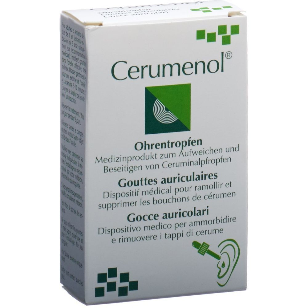 Boîte blanche avec logo Cerumenol et informations produit. Illustration d'une oreille et gouttes.