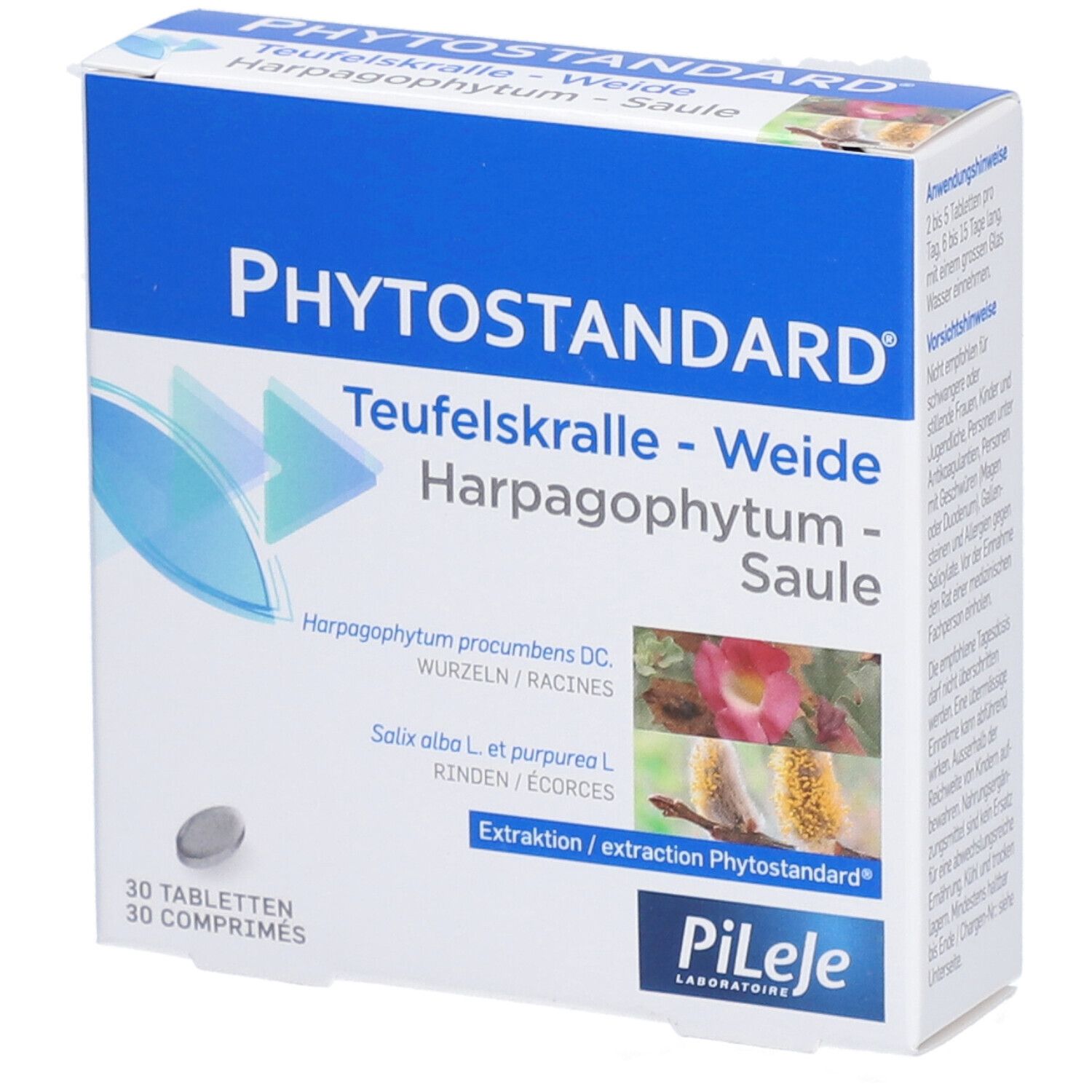 Boîte de comprimés PHYTOSTANDARD. Inscription: Teufelskralle-Weide-Saule. 30 comprimés. PIILEJE Laboratoire.
