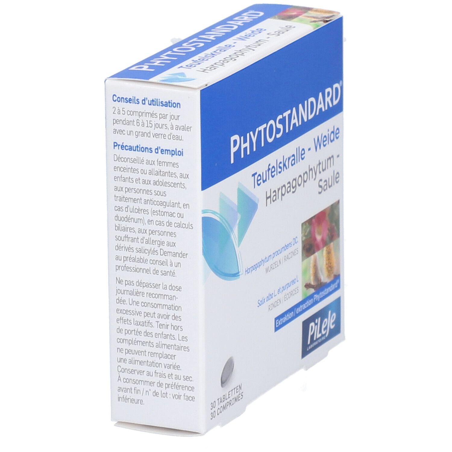 Vue en biais de la boîte de comprimés. Inscription: PHYTOSTANDARD, Teufelskralle-Weide-Saule. PIILEJE Laboratoire. 30 comprimés.