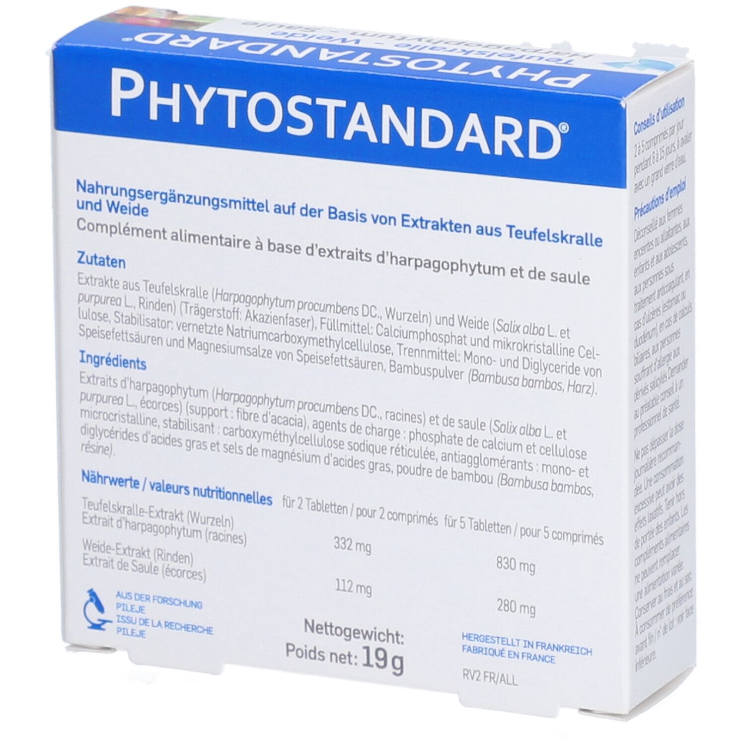 Dos de la boîte de comprimés. Inscription: PHYTOSTANDARD, complément alimentaire. Ingrédients, valeurs nutritionnelles. Poids net: 19g.