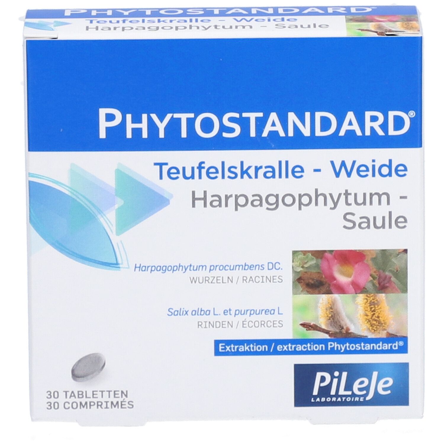 Boîte de comprimés. Inscription: PHYTOSTANDARD, Teufelskralle-Weide-Saule. 30 comprimés. PIILEJE Laboratoire. Comprimés devant.