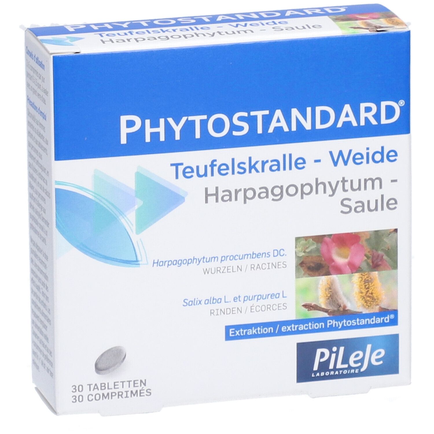 Boîte de comprimés. Inscription: PHYTOSTANDARD, Teufelskralle-Weide-Saule. 30 comprimés. PIILEJE Laboratoire. Comprimés devant.