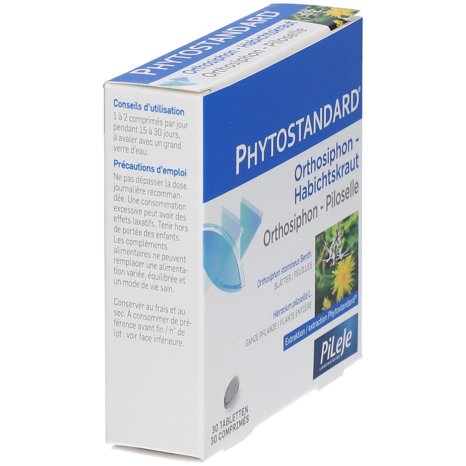 Schräg gestellte Verpackung mit Tabletten. Aufschrift: Phytostandard, Orthosiphon - Habichtskraut - Piloselle. 30 Tabletten.