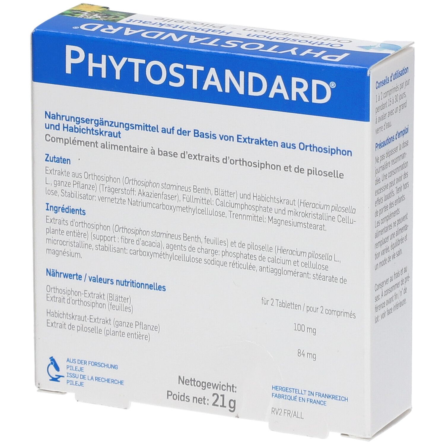 Rückseite der Tablettenverpackung. Aufschrift: Phytostandard, Nährwertangaben, Zutaten, Nettogewicht 21g.