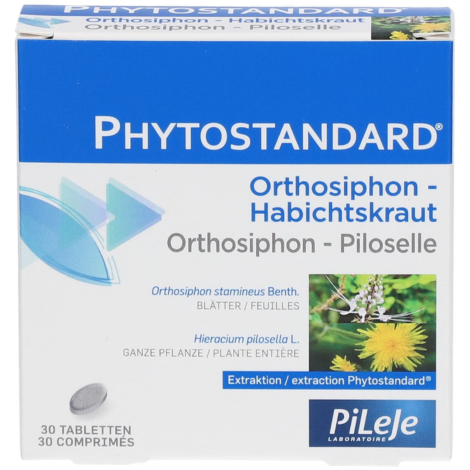 Karton mit Tabletten. Aufschrift: Phytostandard, Orthosiphon - Habichtskraut - Piloselle. 30 Tabletten.