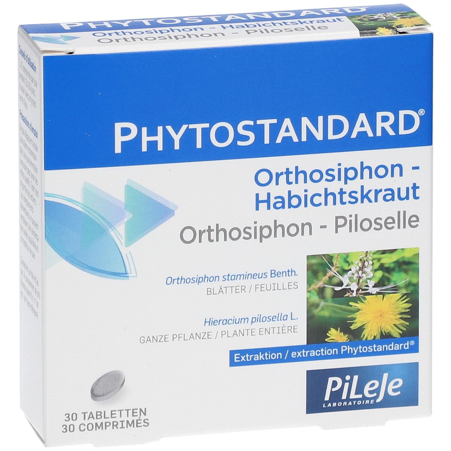 Karton mit Tabletten. Aufschrift: Phytostandard, Orthosiphon - Habichtskraut - Piloselle. 30 Tabletten.