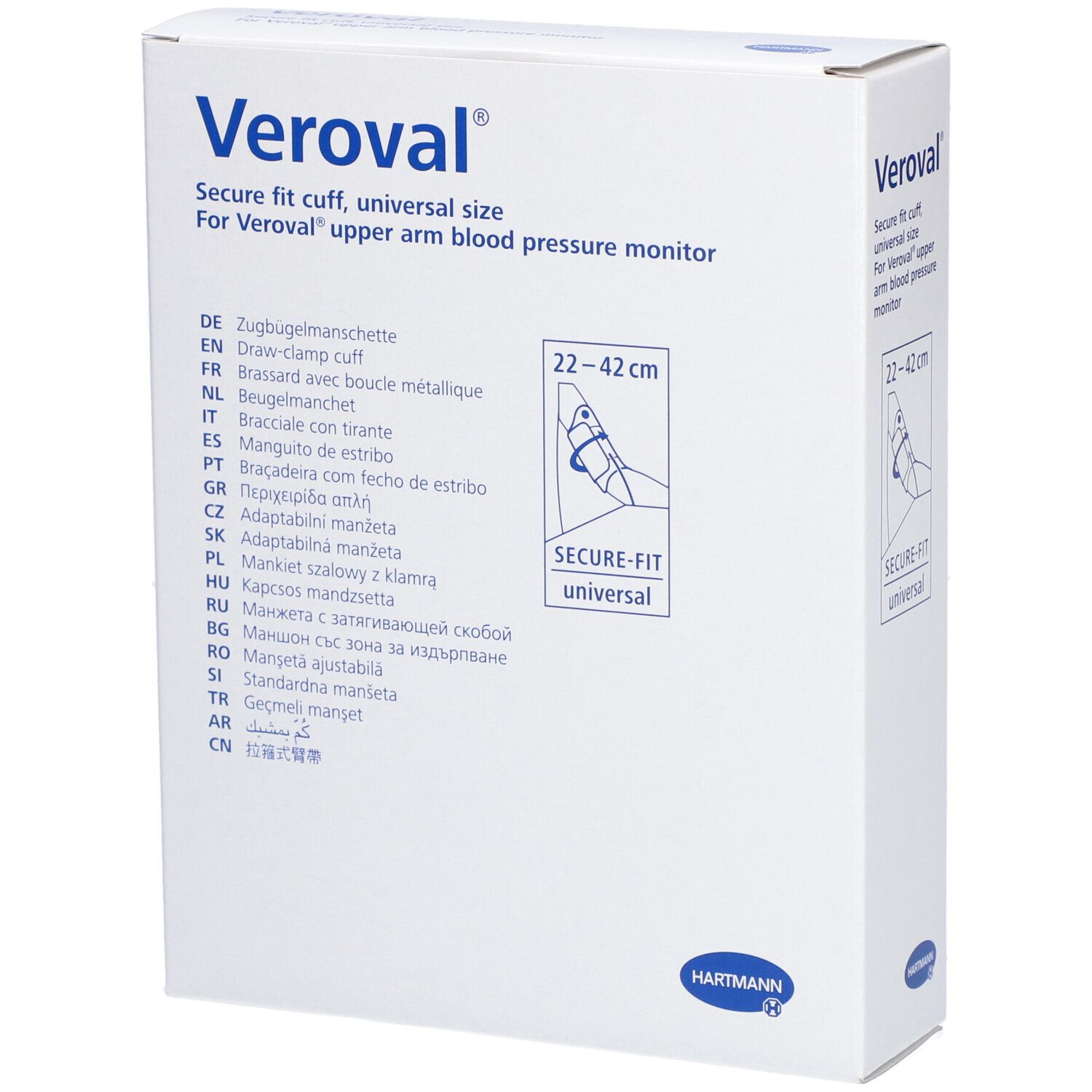 Veroval® Manschette, Verpackung. Text: Secure fit cuff, universal size. Illustration: Arm mit Manschette. Größe: 22-42 cm.