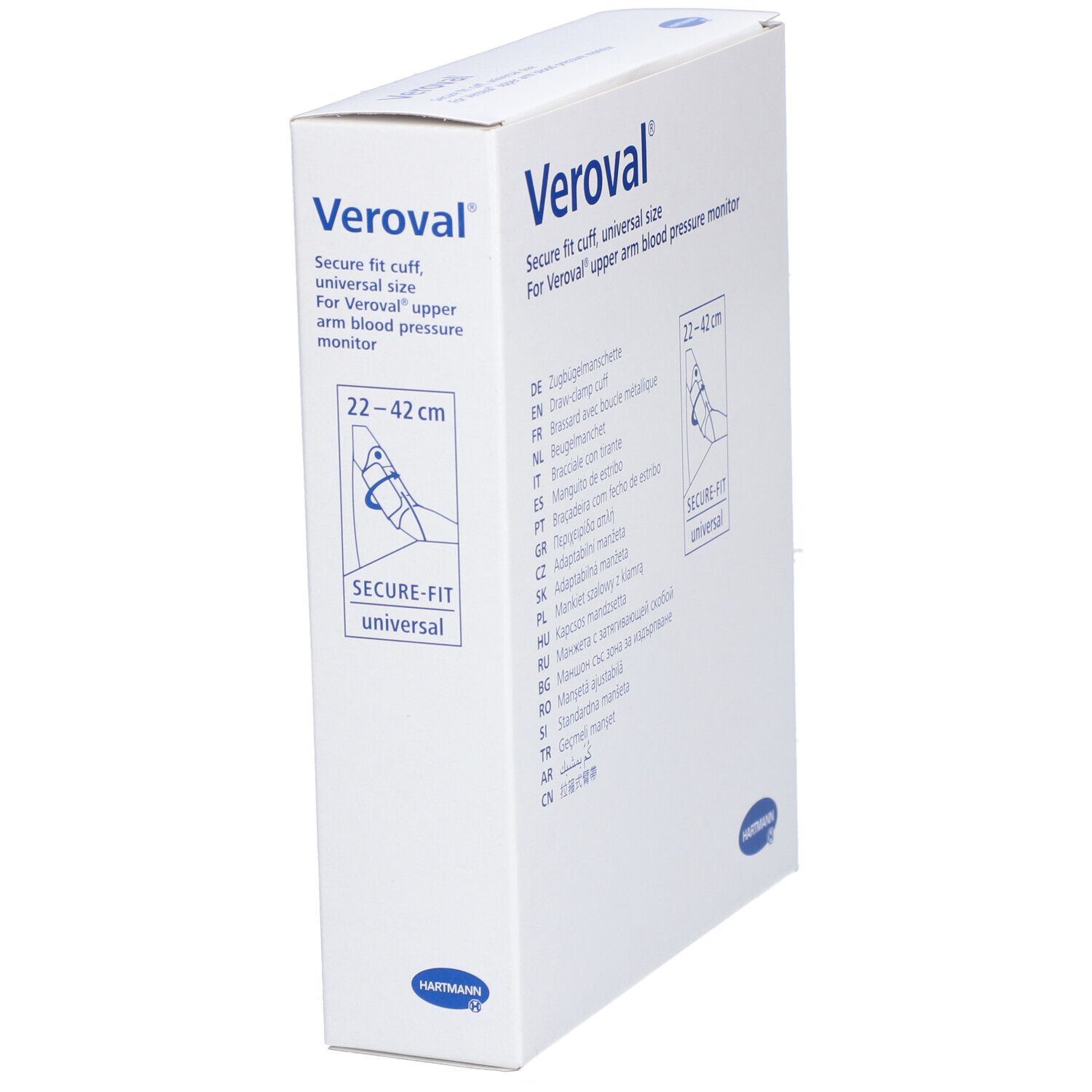 Veroval® Manschette, Verpackung. Text: Secure fit cuff, universal size. Illustration: Arm mit Manschette. Größe: 22-42 cm.