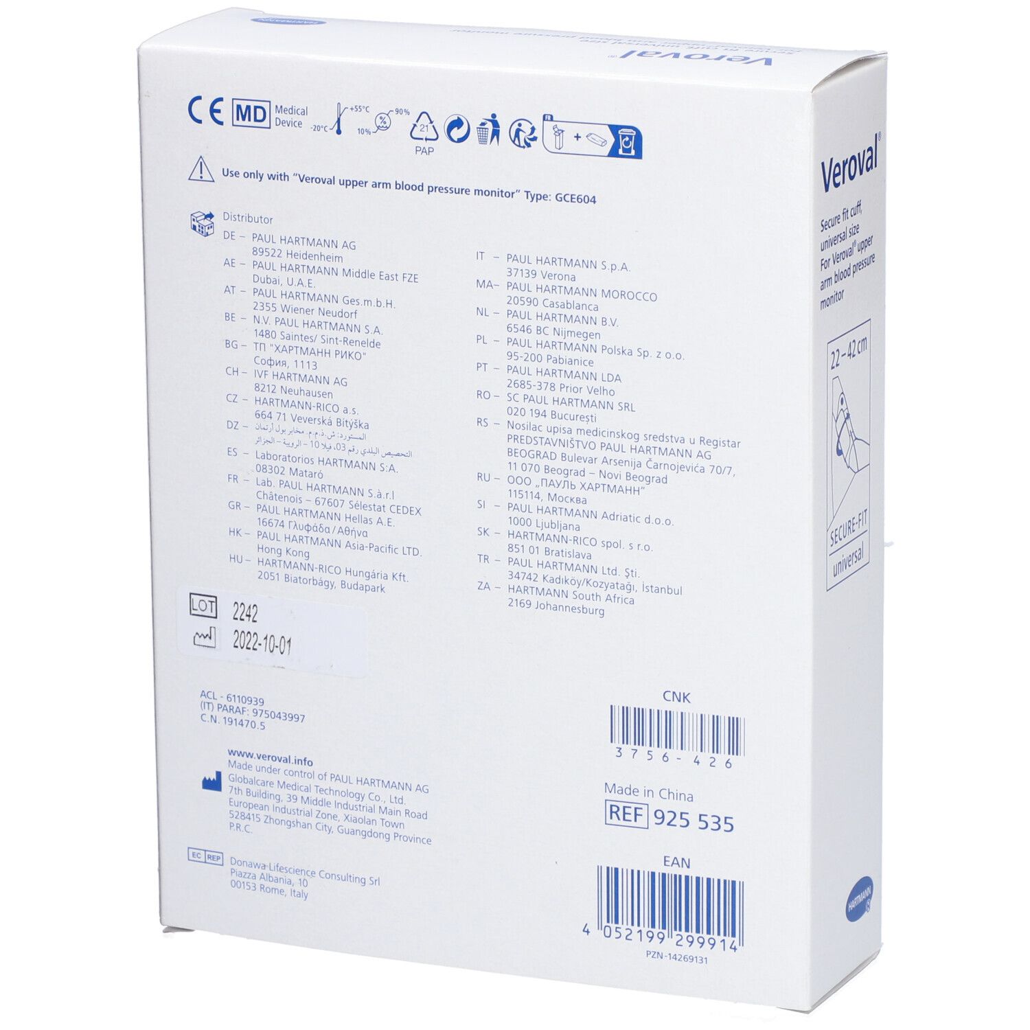 Veroval® Manschette, Verpackung. Rückseite mit Text und Logos. CE-Kennzeichnung. Herstellerinformationen. Barcode und REF-Nummer.