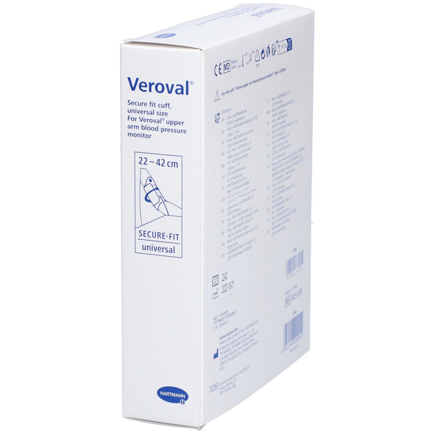 Veroval® Manschette, Verpackung. Text: Secure fit cuff, universal size. Illustration: Arm mit Manschette. Größe: 22-42 cm.