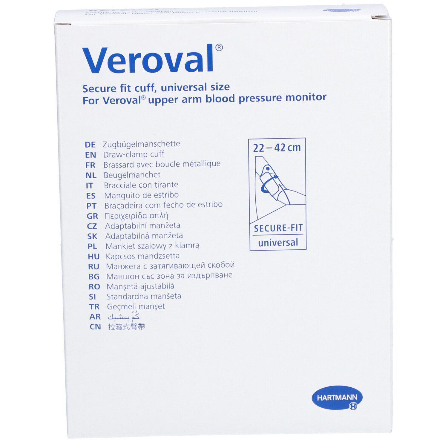 Veroval® Manschette, Verpackung. Text: Secure fit cuff, universal size. Illustration: Arm mit Manschette. Größe: 22-42 cm.