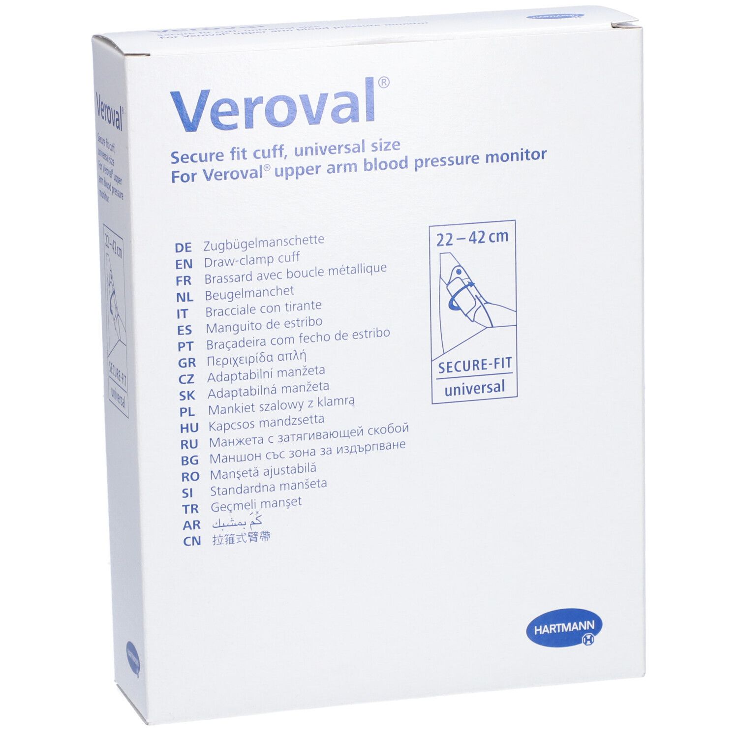 Veroval® Manschette, Verpackung. Text: Secure fit cuff, universal size. Illustration: Arm mit Manschette. Größe: 22-42 cm.