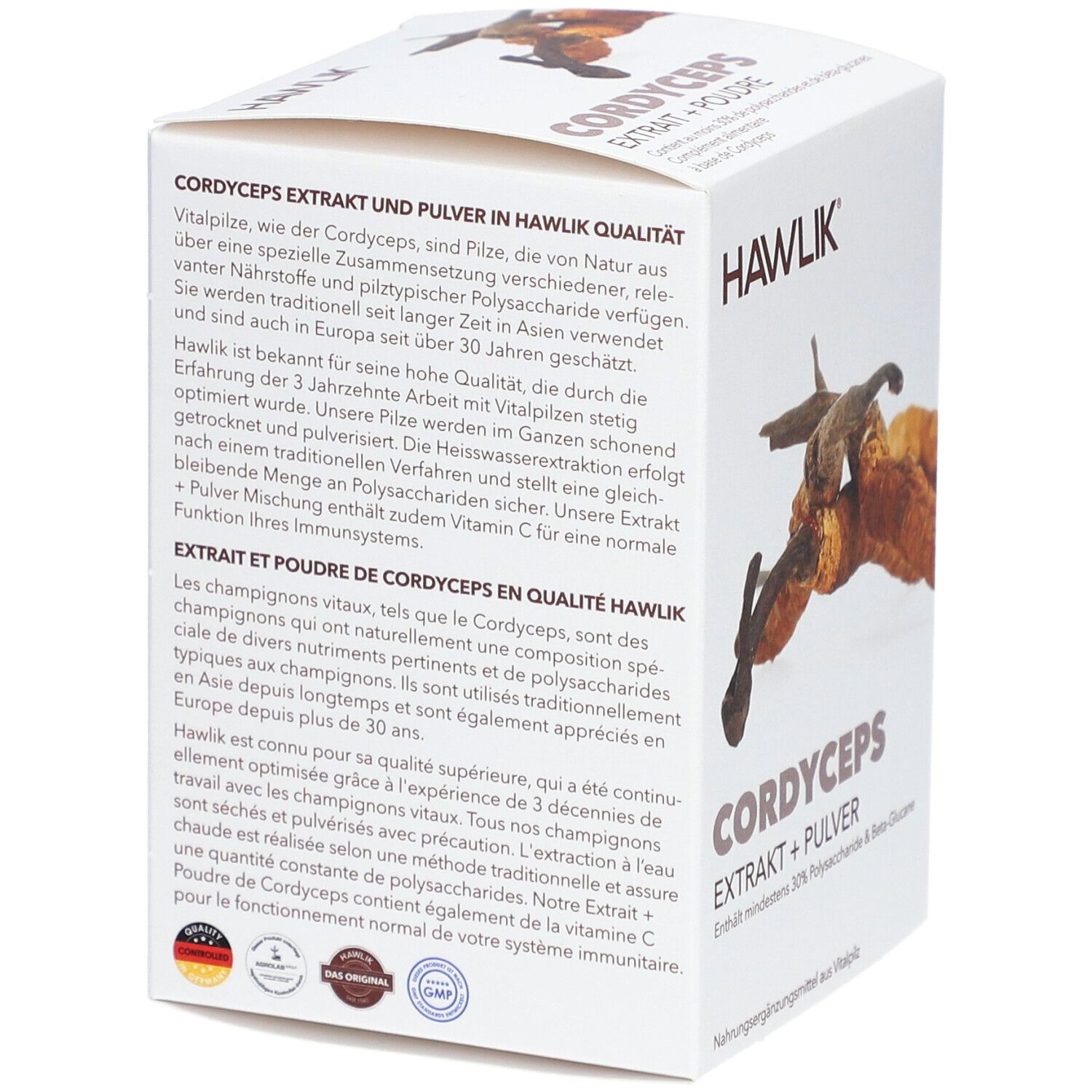 Weißer Karton, Seitenansicht. Text: CORDYCEPS EXTRAKT UND PULVER IN HAWLIK QUALITÄT. Logo HAWLIK. Text in Deutsch und Französisch. Vegan-Siegel.