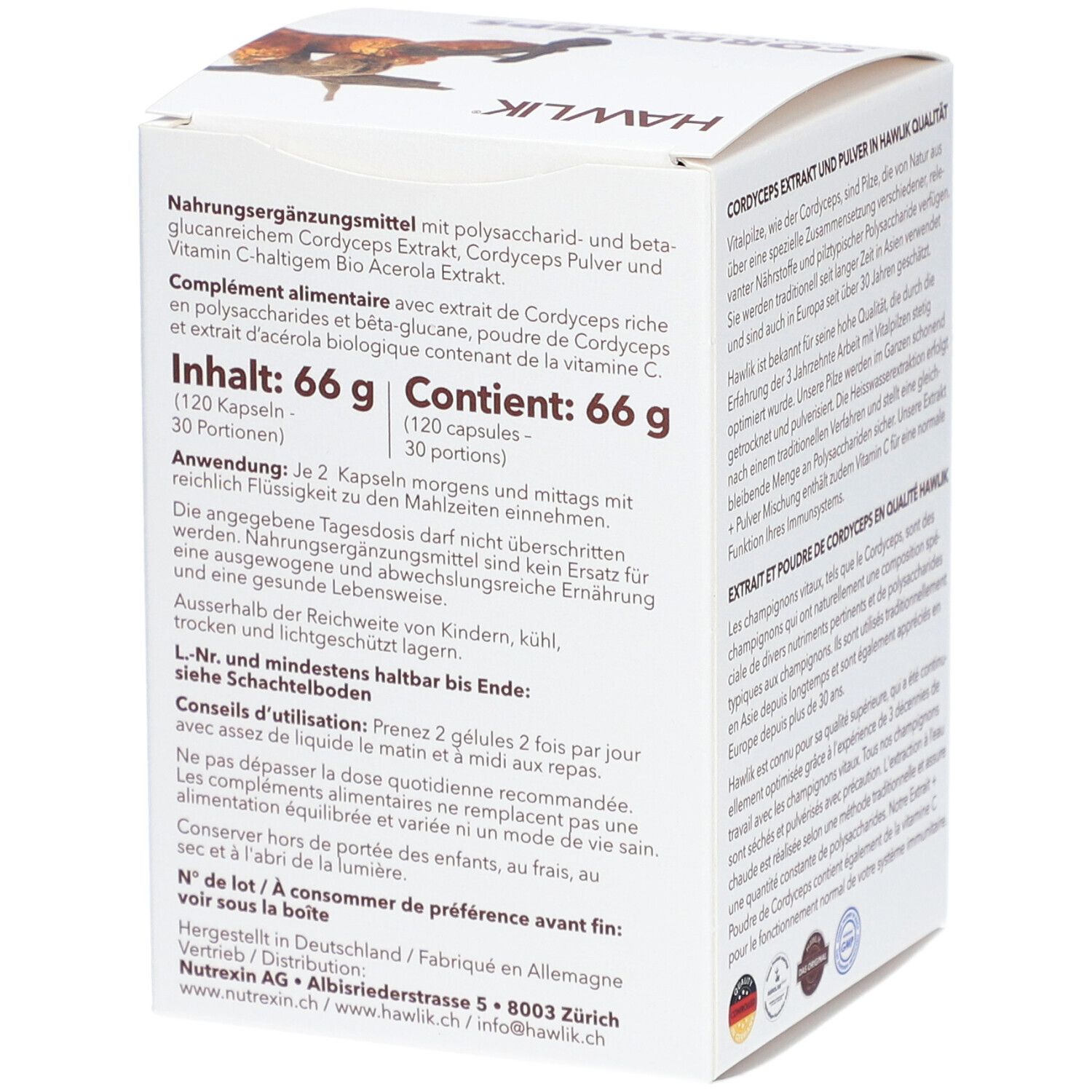 Weißer Karton, Rückseite. Text: Nahrungsergänzungsmittel mit Polysaccharid- und Beta-glucanreichem Cordyceps Extrakt. Inhalt: 66 g (120 Kapseln).