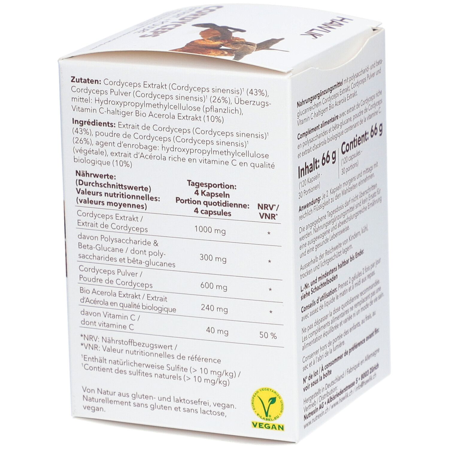 Weißer Karton, Detailansicht. Nährwerttabelle: Cordyceps Extrakt, Beta-Glucane, Cordyceps Pulver, Bio Acerola Extrakt, Vitamin C. Vegan-Siegel.