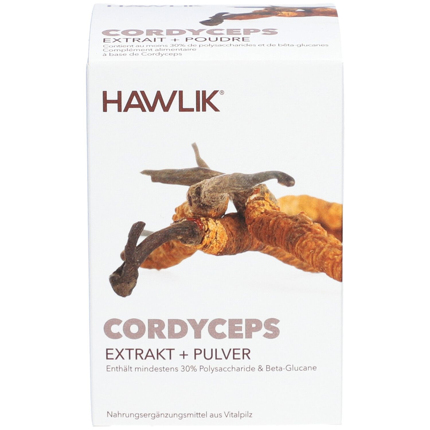 Weißer Karton mit Produktabbildung und Text. Aufschrift: HAWLIK, CORDYCEPS EXTRAKT + PULVER. Enthält mindestens 30% Polysaccharide & Beta-Glucane.