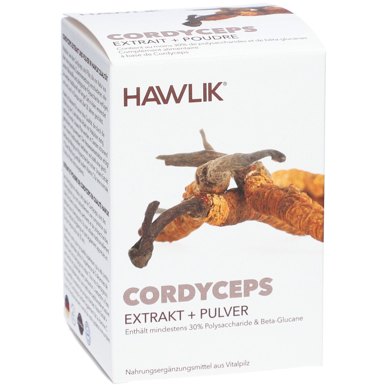 Weißer Karton mit Produktabbildung und Text. Aufschrift: HAWLIK, CORDYCEPS EXTRAKT + PULVER. Enthält mindestens 30% Polysaccharide & Beta-Glucane.