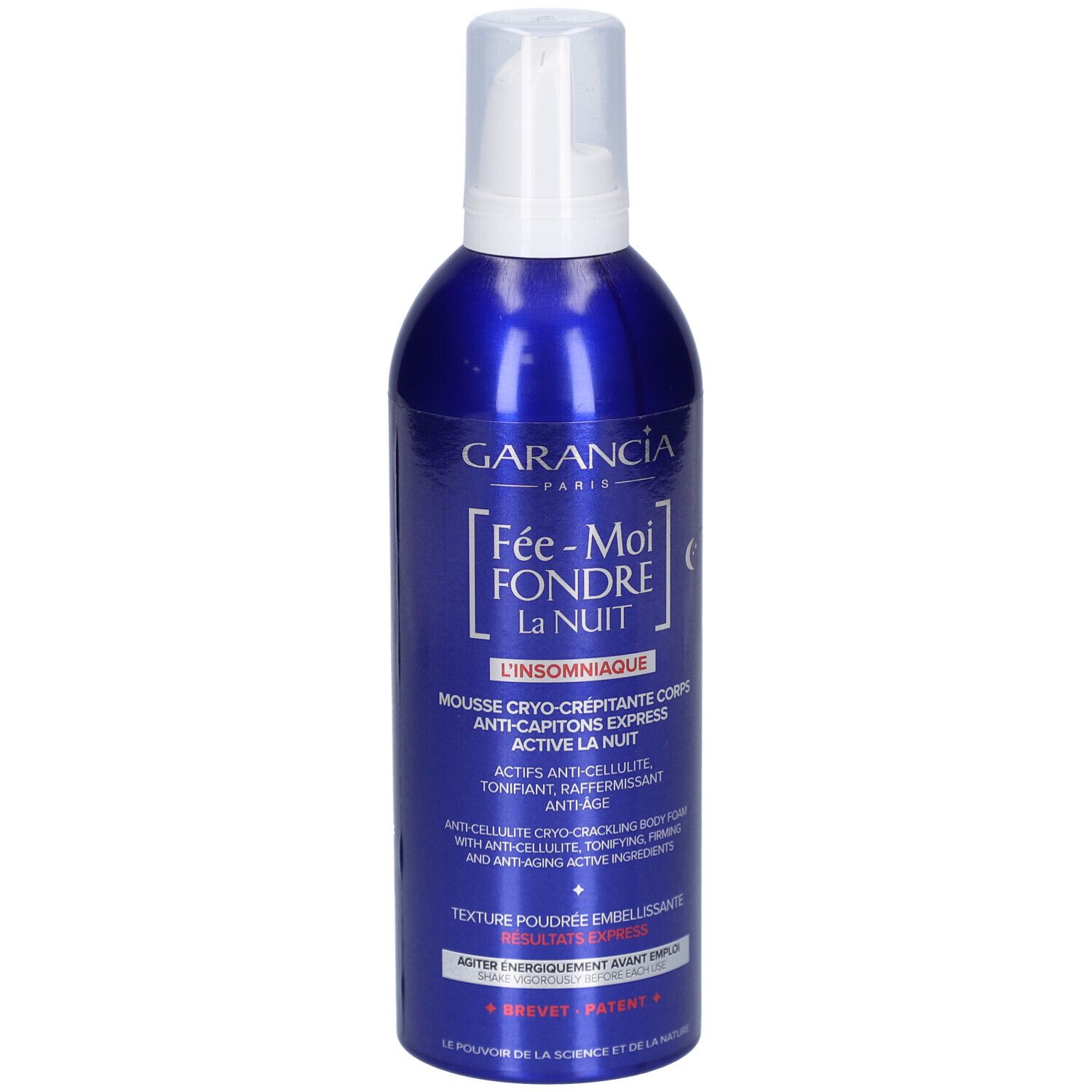Blaue Flasche mit weißem Sprühkopf. Aufschrift: GARANCIA, Fée-Moi Fondre La Nuit L'Insomniaque. Produktname und Beschreibung.