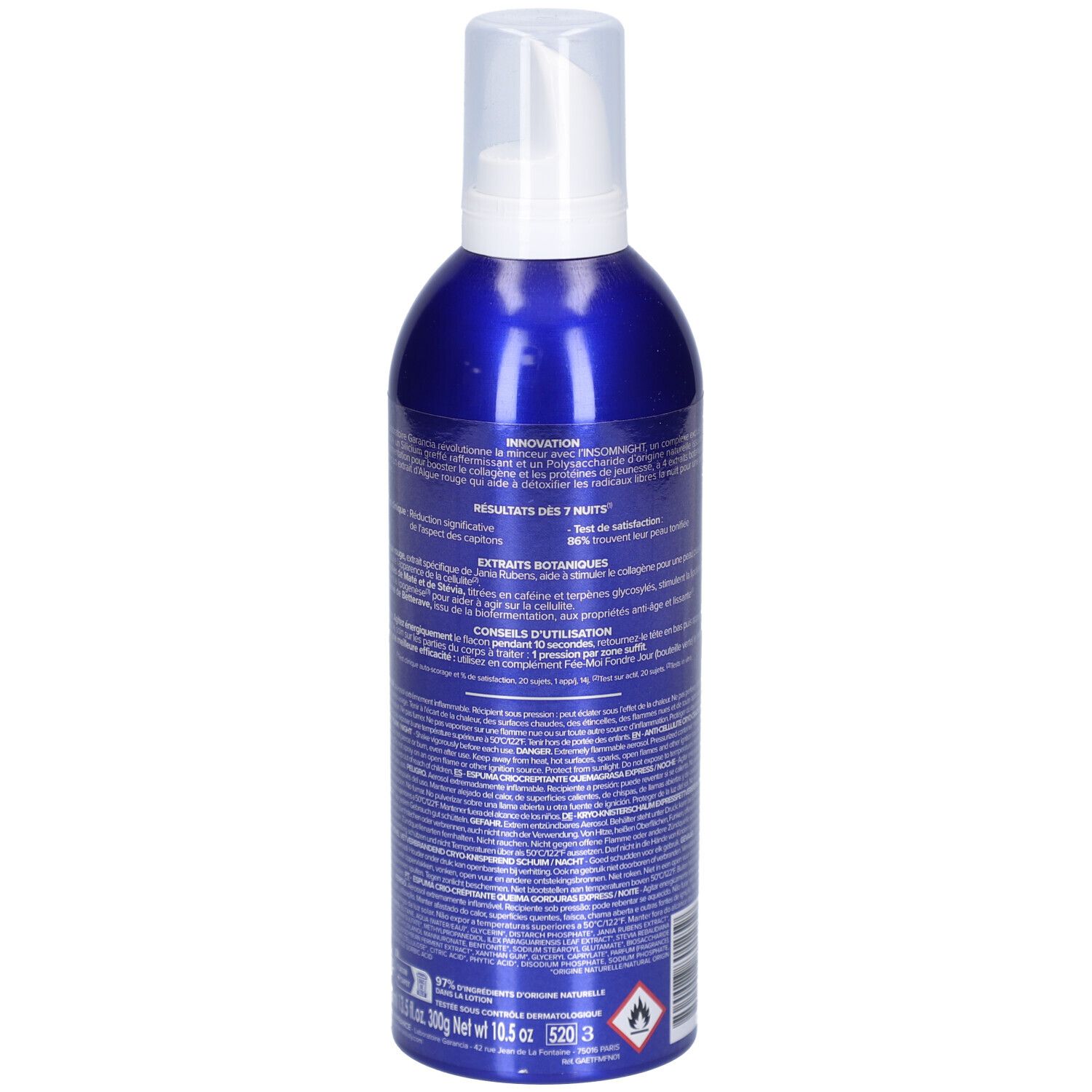 Blaue Flasche, Rückansicht. Textliche Informationen auf dem Etikett. Produktbeschreibung und Inhaltsstoffe.