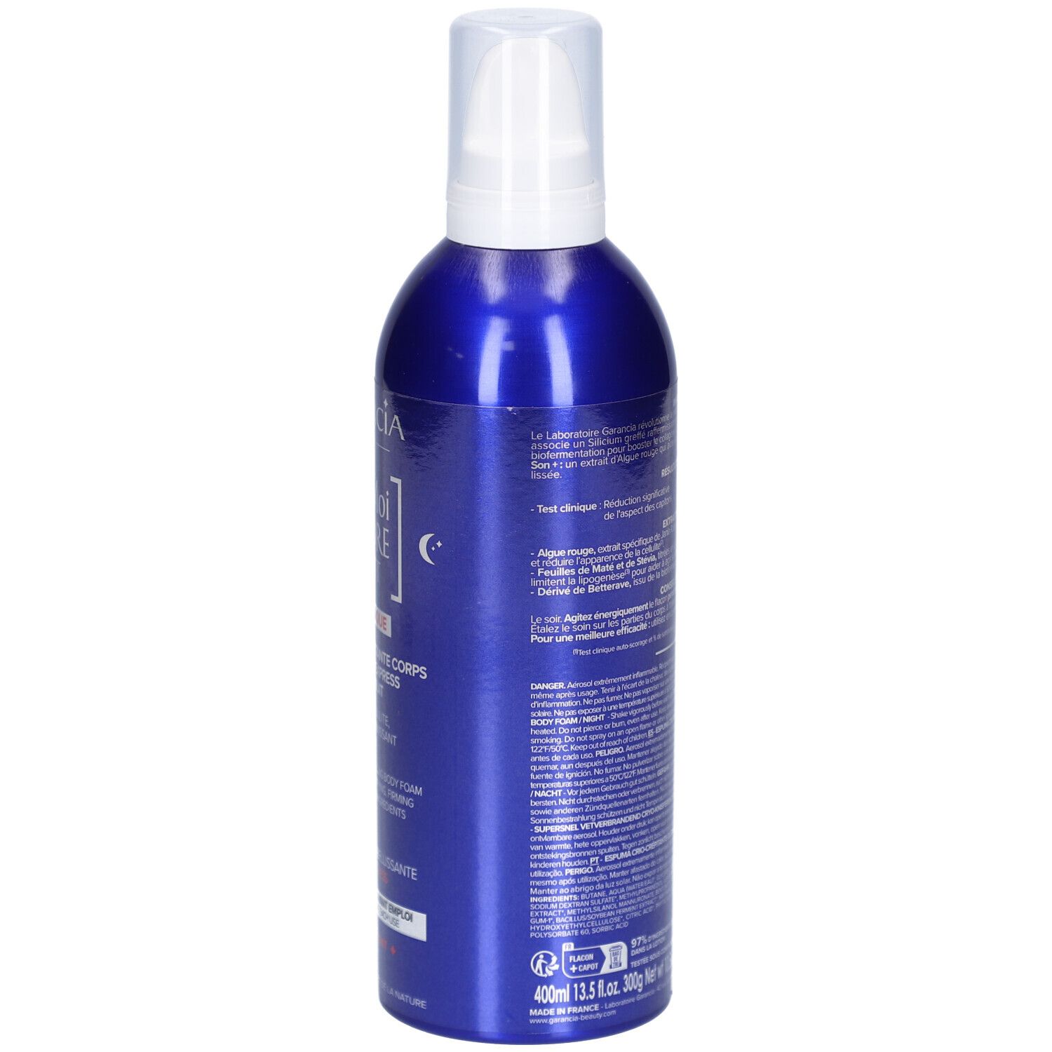 Blaue Flasche, Rückansicht. Textliche Informationen auf dem Etikett. Produktbeschreibung und Inhaltsstoffe.